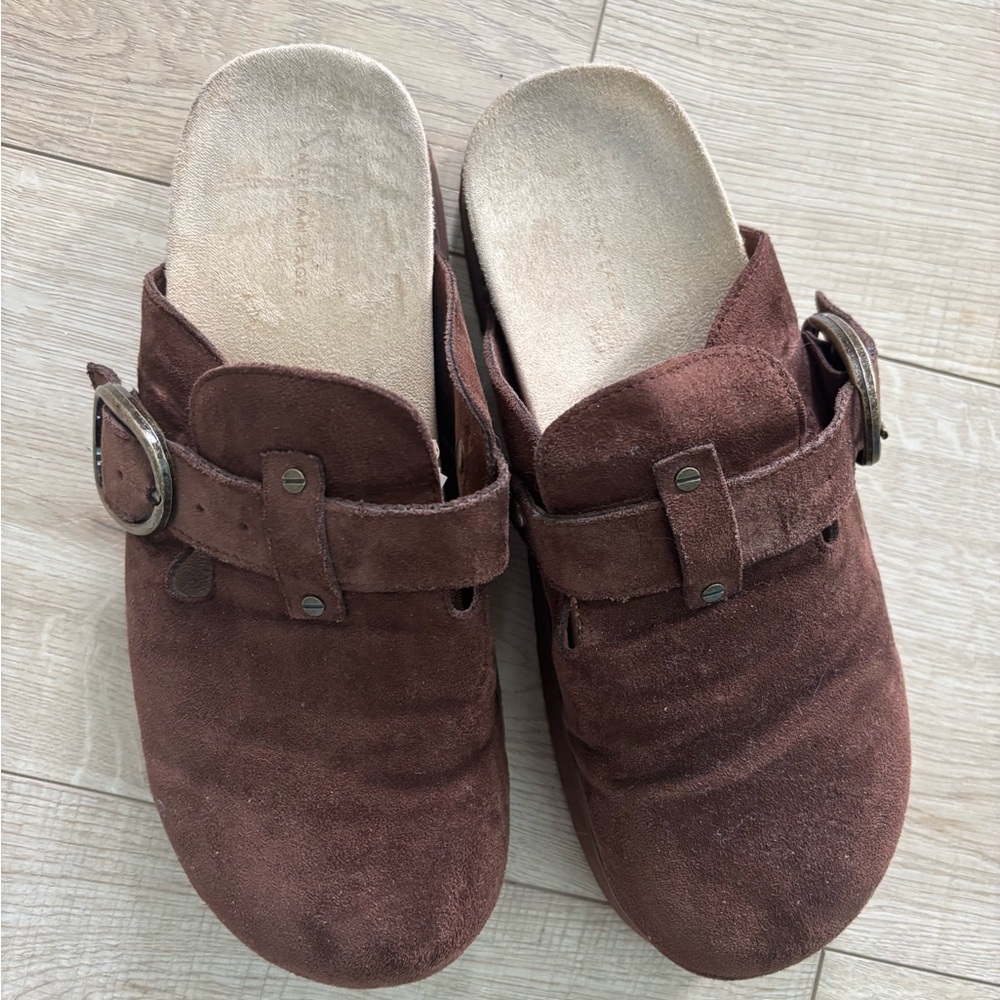 Chocolate Brown Suede Clogs with Buckle Platform Clogs American Eagle
